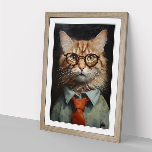 Cat with Glasses Painting No.2 Happy Larry Size: 34cm H x 25cm W x 2cm D, Frame Colour: Oak on Productcaster.