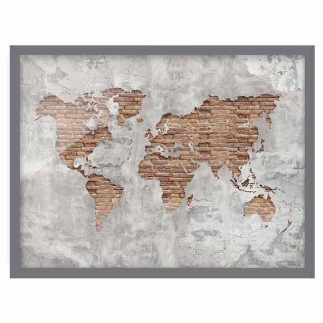 Shabby Concrete Brick World Map - Picture Frame Graphic Art Williston Forge Size: 40cm H x 55cm W x 2cm D, Frame Option: Grey Framed on Productcaster.