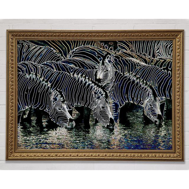 Zebra am Wasserloch Gerahmter Druck Wandkunst Gracie Oaks Größe: 29,7 cm H x 42 cm B x 3 cm T, Format: Poster mit goldenem Rahmen on Productcaster.