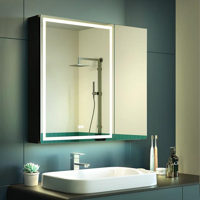 Behare 5cm x 1.3cm Surface Mount Mirror Cabinet with Lighting Ivy Bronx Size: 70cm H x 75cm W x 13cm D on Productcaster.