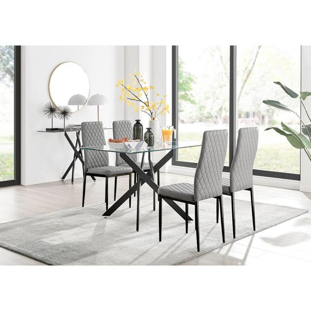 Lenworth Black Metal and Glass Rectangular Dining Table Set with 4 Quilted Faux Leather Chairs Canora Grey Colour (Chair): Black/Gold on Productcaster.