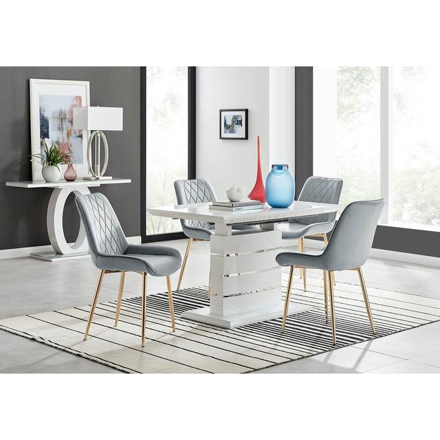 Eubanks 120Cm High Gloss Extending Dining Table And 4 Blue Gold Leg Chairs Canora Grey Colour (Chair): Grey/Gold on Productcaster.