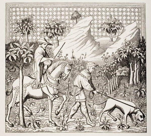 Nobleman in Hunting Costume with His Servant and Dog, by Gaston Phoebus, from 'Le Moyen Age Et La Renaissance' by Paul Lacroix Published 1847 Art Prin on Productcaster.