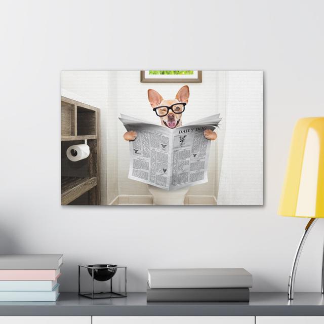 Funny Chihuahua Reading Newspaper On Toilet Funny Canvas Wall Art Happy Larry Size: 12cm H x 16cm W on Productcaster.