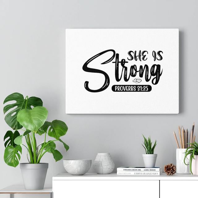 She Is Strong Proverbs 31:25 - Wrapped Canvas Typography Blue Elephant Size: 28cm H x 36cm W on Productcaster.