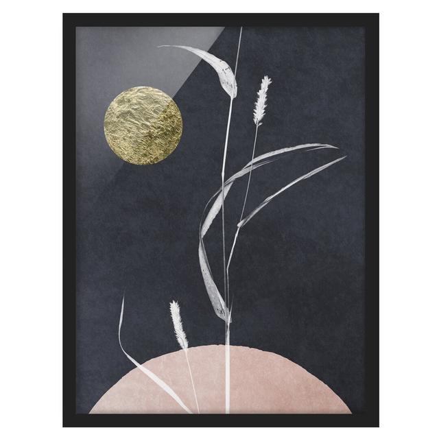 Golden Moon with Reed - Picture Frame Graphic Art Marlow Home Co. Size: 70cm H x 50cm W x 2cm D, Frame Option: Black Framed on Productcaster.