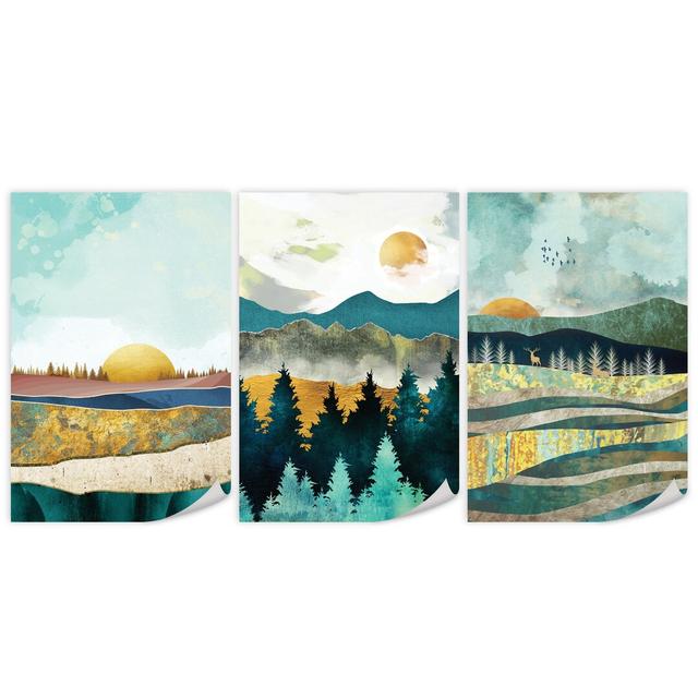 Abstract Sunsets - 3 Piece Graphic Art Set on Canvas Clock Canvas Format: Unframed, Size: 45cm H x 90cm W x 0.1cm D on Productcaster.