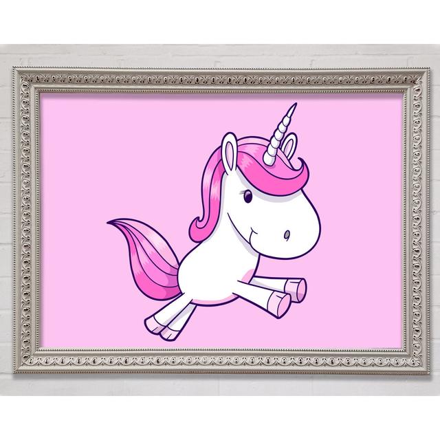 Leaping Unicorn Pink Framed Print Zoomie Kids Size: 59.7cm H x 84.1cm W x 3cm D, Colour: Pink, Format: White Framed Paper on Productcaster.