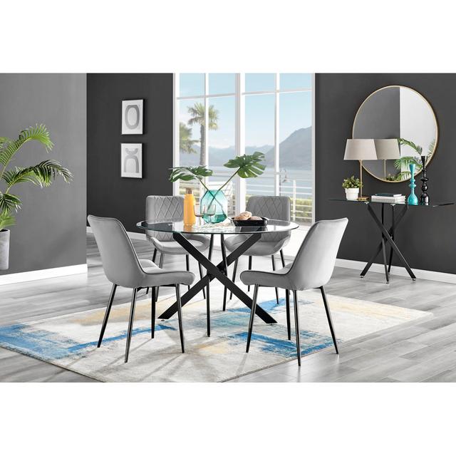 Tierra Modern Metal & Glass Round Dining Table Set with 4 Luxury Velvet Dining Chairs Furniture Box Chair Colour: Grey/Black on Productcaster.