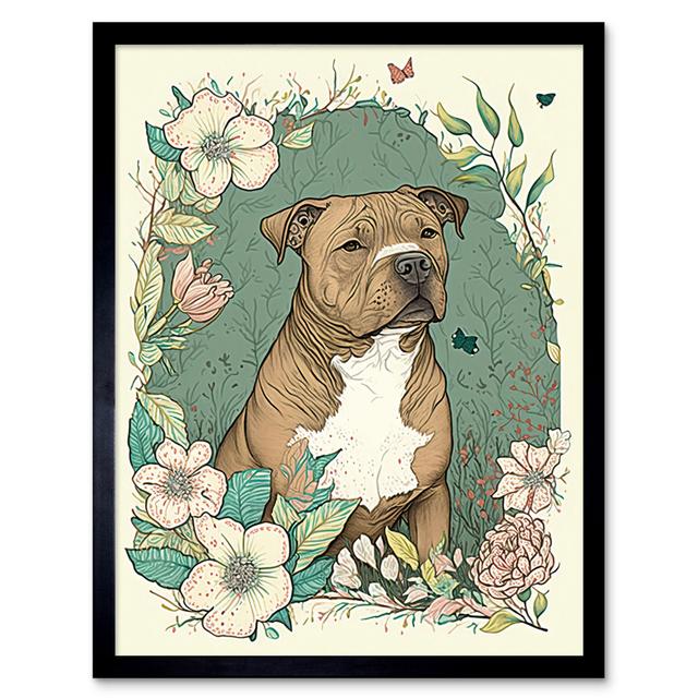 Brown Staffordshire Bull Terrier and Flowers Modern Pastel Boho - Single Picture Frame Art Prints Marlow Home Co. on Productcaster.