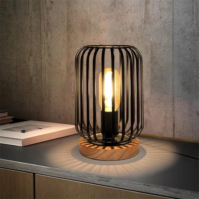 Metal Cage LED Bedside Table Lamp Wooden Base Desk Lamp 22Cm High Decorative Bedside Lamp With Edison Bulb For Bedroom Living Room Guest Room Weddings on Productcaster.