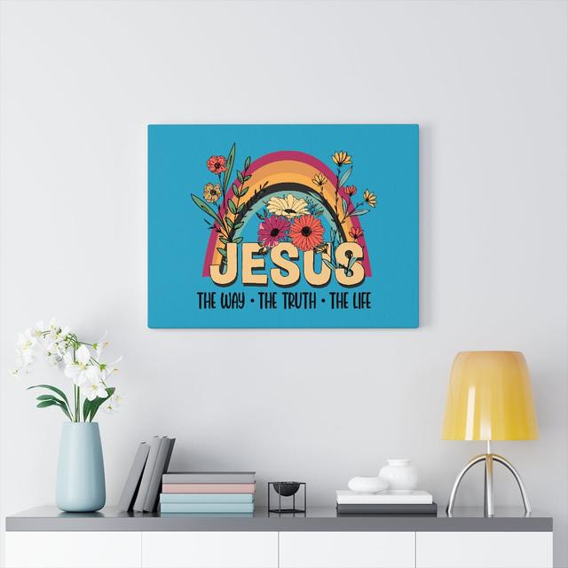 Jesus Rainbow Flower - Wrapped Canvas Typography Blue Elephant on Productcaster.