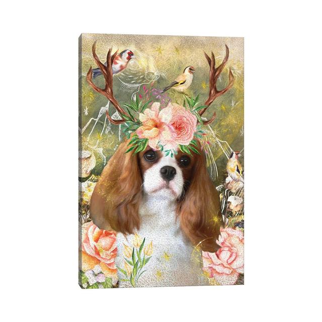 Cavalier King Charles Spaniel with Antlers and Goldfinch - Wrapped Canvas Graphic Art Maturi Size: 66.04cm H x 45.72cm W x 1.91cm D on Productcaster.