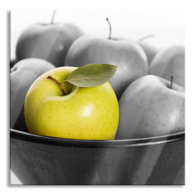 Basket of Apples - Unframed Photograph on Glass Brayden Studio Size: 70cm H x 70cm W x 0.4cm D, Colour: Yellow/Grey on Productcaster.