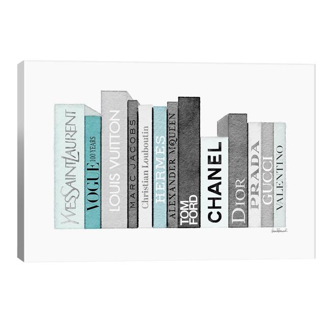 'Book Shelf Full of Grey/Teal/Black Fashion Books' Art Print on Canvas Etta Avenue Size: 45.72cm H x 66.04cm W x 3.81cm D on Productcaster.