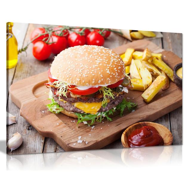 Hamburer Burger Chips On Wood Table - Wrapped Canvas Print Ebern Designs Size: 61cm H x 91cm W on Productcaster.