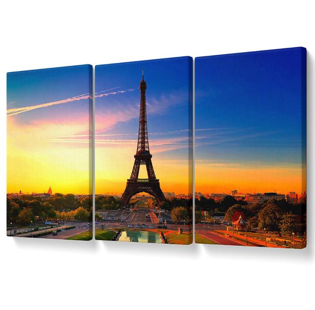 Eiffel Tower at Sunrise - 3 Piece Wrapped Canvas Graphic Art Ebern Designs Size: 50.8cm H x 106.6cm W on Productcaster.