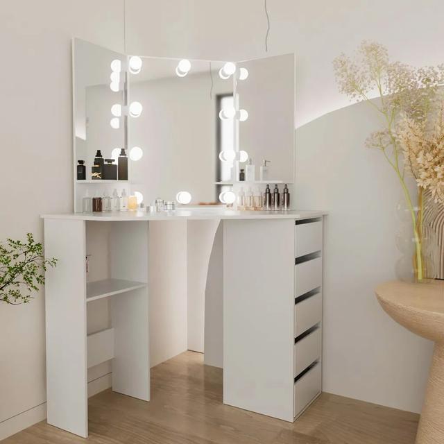 Adest Tri-Fold Mirror Dressing Table with 5 Drawers and 3 Lighting Modes Latitude Run Colour: White on Productcaster.