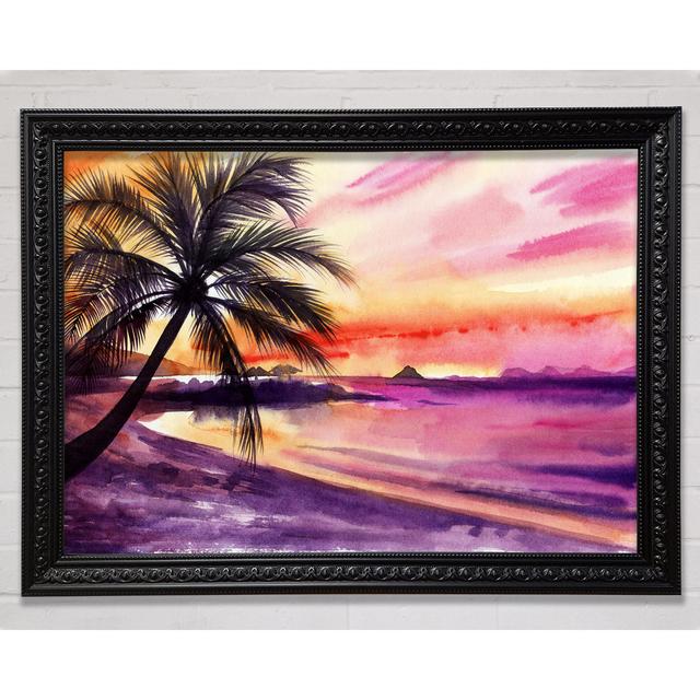 Watercolour Purple Palm Tree Ocean Framed Print Highland Dunes Size: 84.1cm H x 118.9cm W x 3cm D, Format: Black Framed Paper on Productcaster.