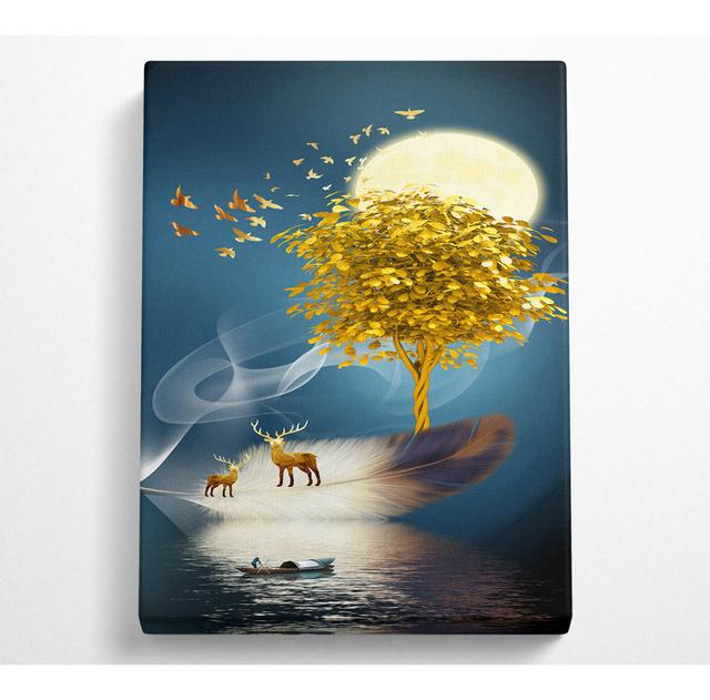 Gold Tree, Deers On Feather - No Frame Art Prints on Canvas Metro Lane Size: 121.9cm H x 81cm W on Productcaster.