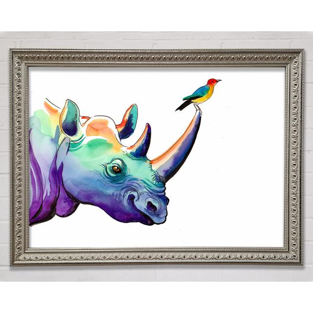 Gerahmtes Bild Rainbow Rhino Bird Isabelle & Max Format: Poster mit silberfarbenem Rahmen, Größe: 59,7 cm H x 84,1 cm B x 3 cm T on Productcaster.