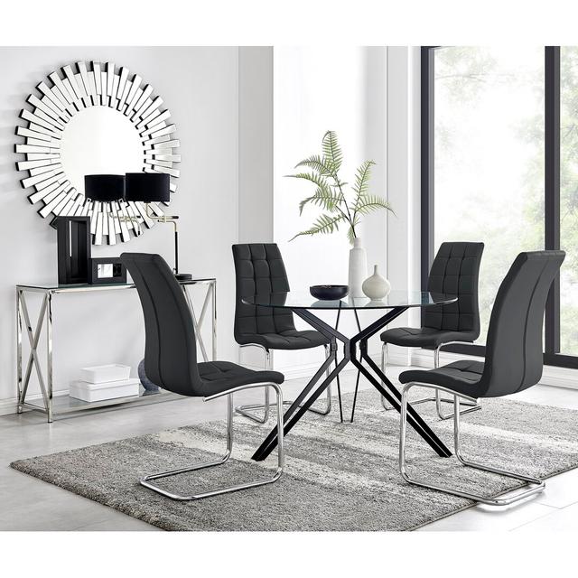 Modern Casino Glass and Metal Hairpin Leg Dining Table Set With 4 Modern Faux Leather Dining Chairs Canora Grey Table Base Colour: Gold, Colour (Chair on Productcaster.