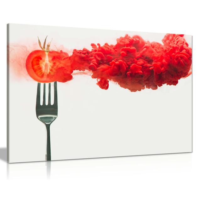 Disintegrated Red Tomato on a Fork - Wrapped Canvas Photograph Panther Print Size: 31cm H x 46cm W on Productcaster.