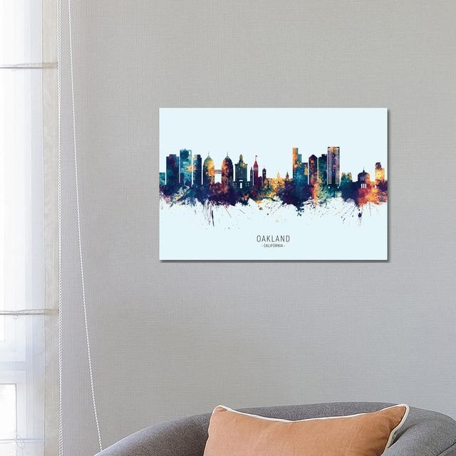 Oakland California Skyline Blue Orange by Michael Tompsett - Wrapped Canvas Print Metro Lane Size: 45.72cm H x 66.04cm W x 3.81cm D on Productcaster.