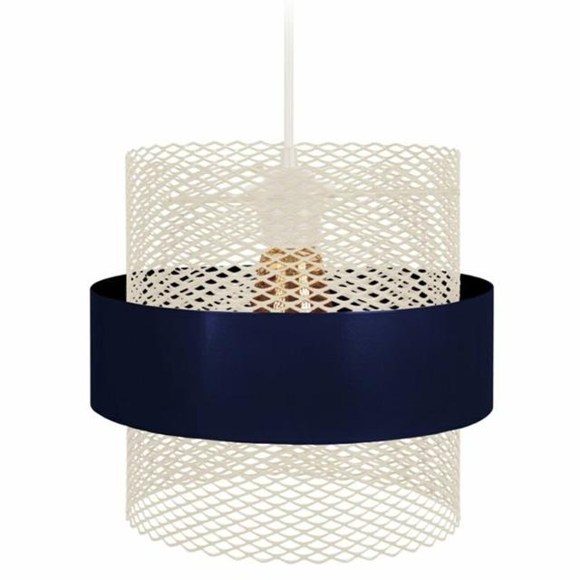 Perouge 1-Light Drum Pendant Ebern Designs Size: 85cm H x 27cm W x 27 cm D, Finish: White, Shade Colour: White/Navy on Productcaster.