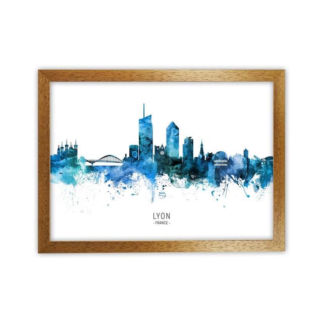 Lyon France Skyline Blue City Name by Michael Tompsett - Graphic Art Ebern Designs Size: 46cm H x 63cm W x 3cm D, Format: Oak Framed on Productcaster.