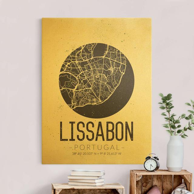 Lisbon City Map - Retro - Wrapped Canvas Graphic Art Williston Forge Size: 100cm H x 75cm W, Format: 435g/m³ canvas gold, Frame Option: Gold on Productcaster.