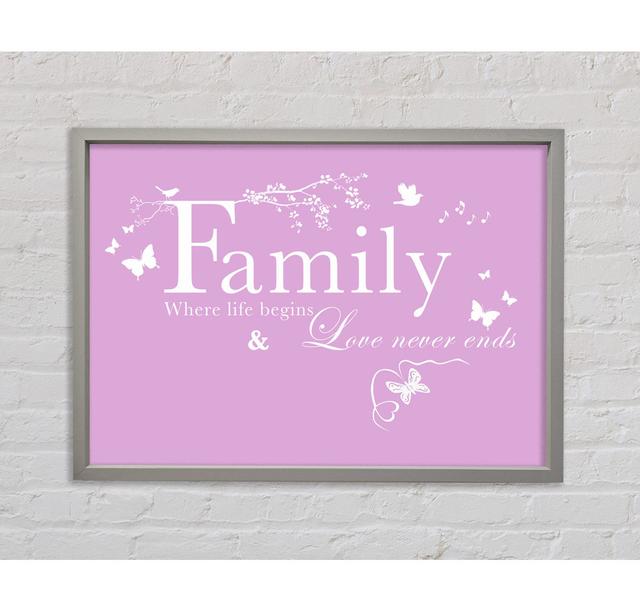 Family Quote Family Where Life Begins White Framed Print Happy Larry Colour: Pink, Size: 100cm H x 141.4cm W x 3.3cm D on Productcaster.