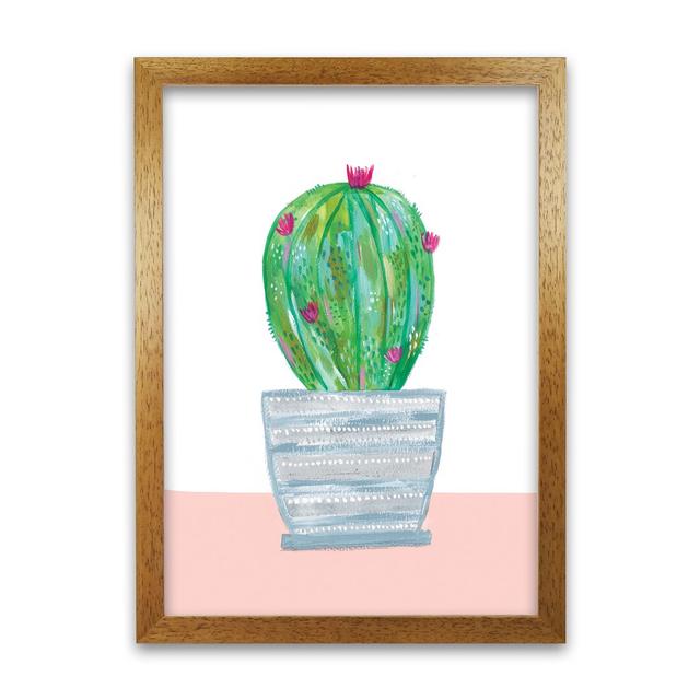 Painted Cactus in Blue Stripe Plant Pot by Laura Irwin - Graphic Art Print on Paper Isabelle & Max Size: 84cm H x 59.4cm W x 3cm D, Frame Option: Oak on Productcaster.