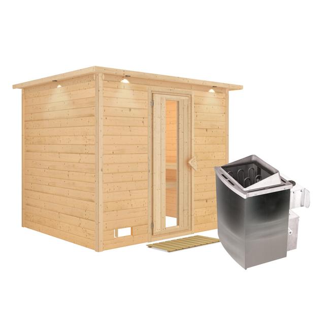 Sauna "Sonara" mit Energiespartür und Kranz SET naturbelassen mit Ofen 9kW Karibu on Productcaster.