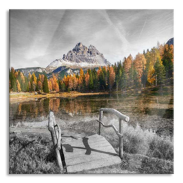 Glasbild Wooden Bridge at the Dolomite Lake in Autumn, Black and White Detail Union Rustic Größe: 80 cm H x 80 cm B x 0.4 cm T on Productcaster.