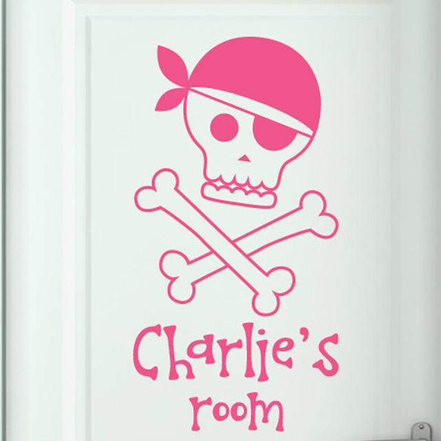 Personalised Pirate Skull and Bones Door Room Wall Sticker Happy Larry Colour: Pink on Productcaster.