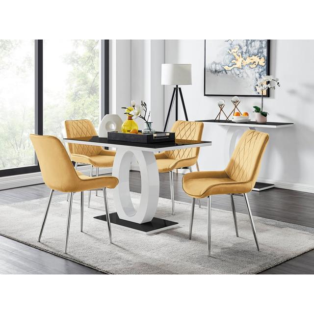 Scottsmoor Halo Dining Table Set In Modern High Gloss With 4 Luxury Velvet Dining Chairs Furniture Box Chair Colour: Mustard/Silver, Table Top Colour: on Productcaster.