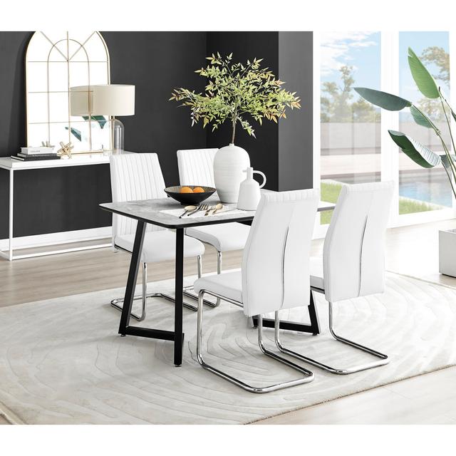 Industrial Design & Grey White Marble Effect Melamine Dining Table Set with 4 Upholstered Chairs Canora Grey Colour (Chair): White/Silver on Productcaster.