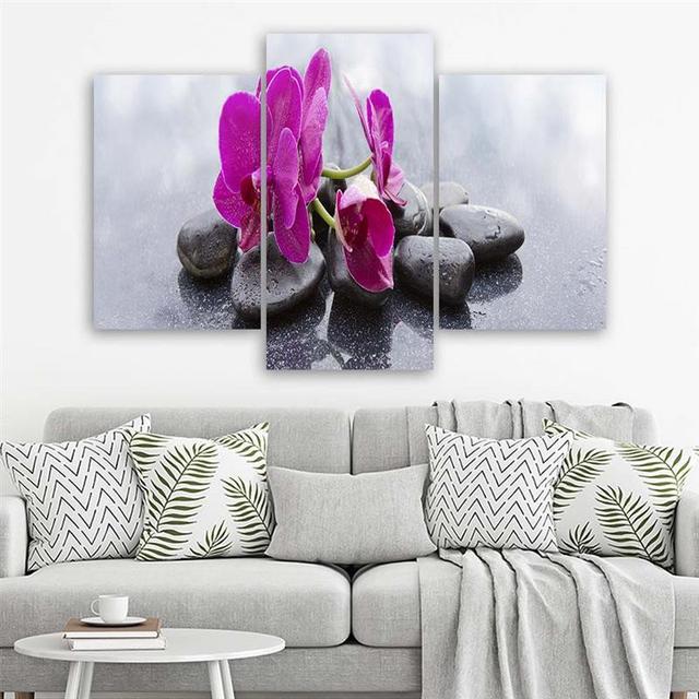 Orchid Flowers Stones - 3 Piece Wrapped Canvas Print 17 Stories Size: 40cm H x 60cm W on Productcaster.