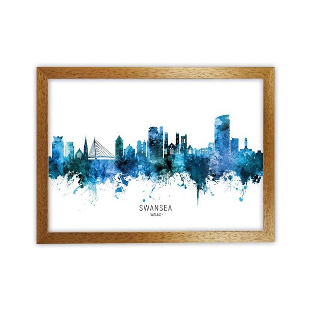 Swansea Wales Skyline Blue City Name by Michael Tompsett - Graphic Art Ebern Designs Format: Oak Framed, Size: 34cm H x 46cm W x 3cm D on Productcaster.