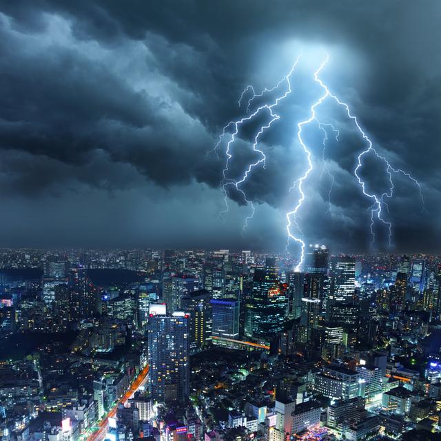 Lightnings Over City - Wrapped Canvas Art Prints 17 Stories Size: 76cm H x 76cm W x 3.8cm D on Productcaster.