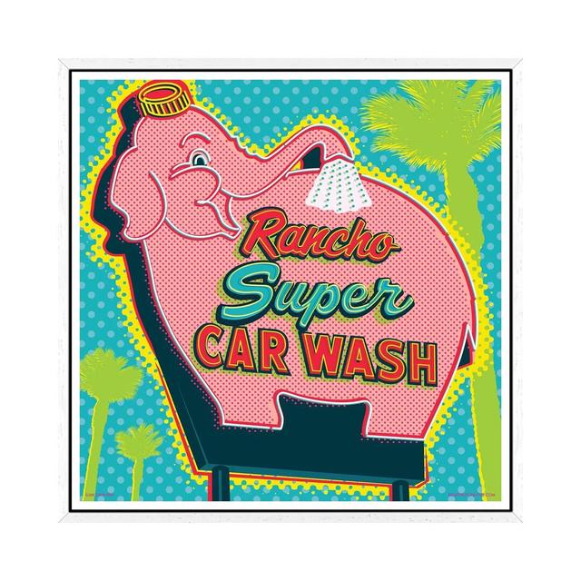 Elephant Car Wash Rancho - Print on Canvas Happy Larry Size: 66.04cm H x 66.04cm W x 3.81cm D, Format: White Framed on Productcaster.