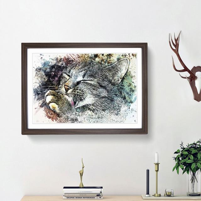 Cat Licking its Paw in Abstract - Picture Frame Graphic Art Print East Urban Home Size: 48cm H x 65cm W x 2cm D, Frame Option: Walnut Framed on Productcaster.