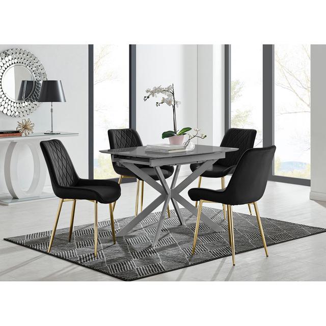 Eubanks Modern High Gloss Extendable Dining Table Set with Luxury Dining Chairs Canora Grey Number of Chairs Included: 4, Colour (Chair): Black/Gold on Productcaster.