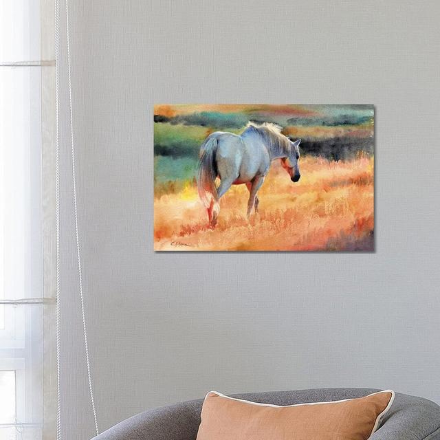 White Horse in Golden Fields by Watercolor Luv - Painting Print on Canvas August Grove Format: Wrapped Canvas, Size: 45.72cm H x 66.04cm W x 3.81cm D on Productcaster.