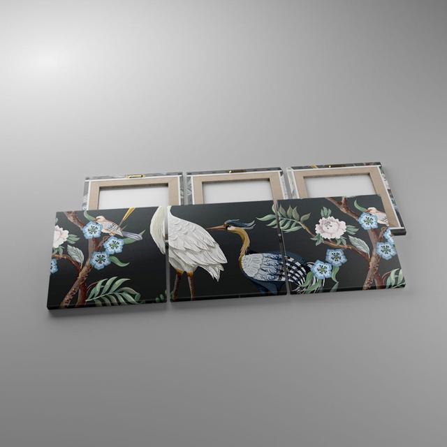 3-tlg. Leinwandbilder-Set Asian Heron Flowers Ebern Designs Größe: 40 cm H x 120 cm H x 1,8 cm T on Productcaster.