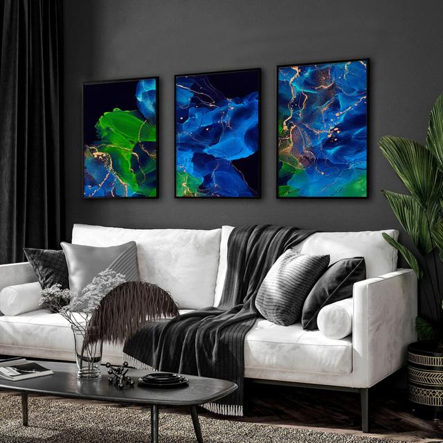 Green And Blue Light Darkness Flow Framed Print Set Ivy Bronx Frame Colour: Black Framed, Size: 29.7cm H x 63cm W x 10cm W on Productcaster.