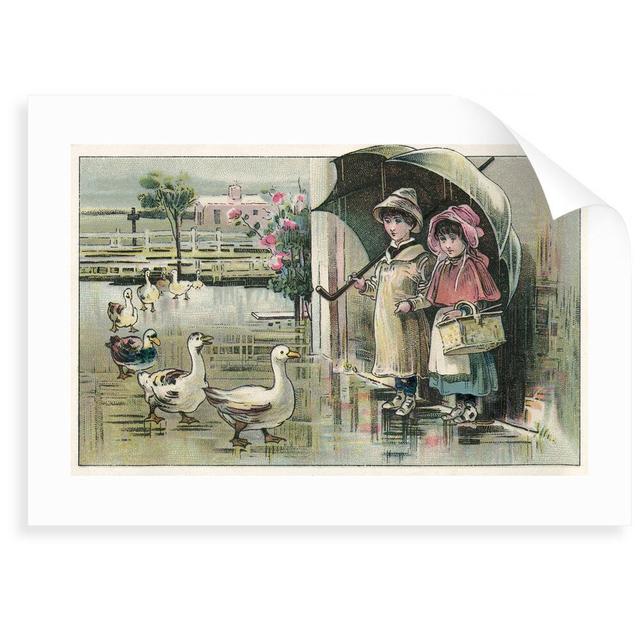 'Victorian Postcard of Children Watching Ducks in the Rain' Drawing Brambly Cottage Size: 50 cm H x 70 cm W x 0.2 cm D, Format: Unframed Paper on Productcaster.