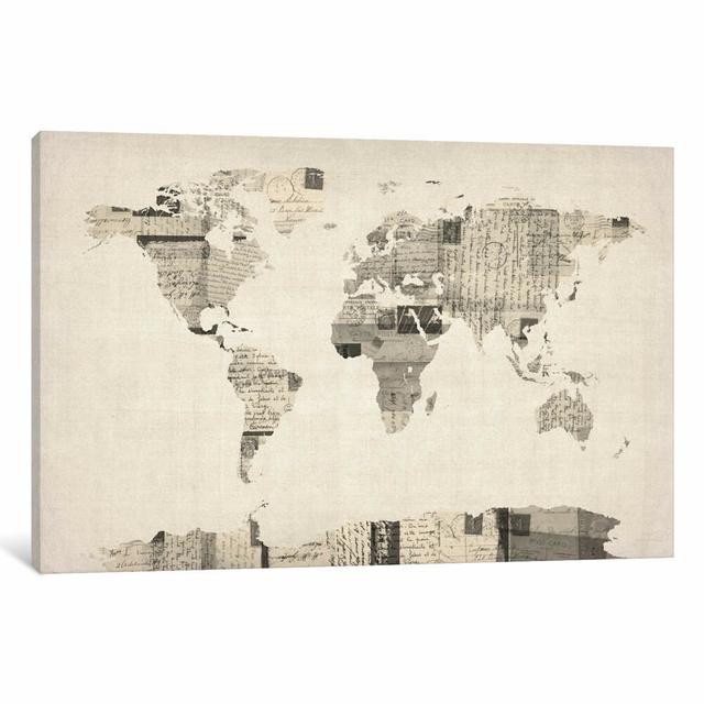 Vintage Postcard World Map by Michael Tompsett - Print on Canvas East Urban Home Format: Wrapped Canvas, Size: 20.32cm H x 30.48cm W x 1.91cm D on Productcaster.