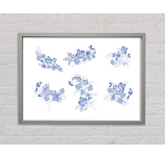 Blue Flowers On White - Print Ophelia & Co. Size: 100cm H x 141.4cm W x 3.3cm D, Format: Light Gray Framed Paper on Productcaster.